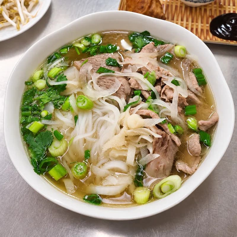 Combination phở with sliced beef, rice noodles and green onion in clear broth